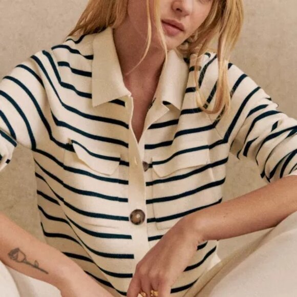 EUC Sezane Betty Merino Wool Striped Collared Cardigan Ecru Navy Small - Picture 1 of 8